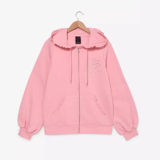 Women's Ruffled Hooded Sweat Jacket with Balloon Sleeves and Rhinestone Logo StylebySassy
