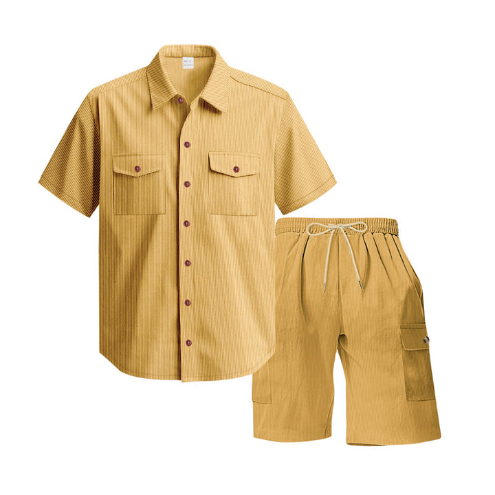 Men's structured short-sleeve shirt and bermuda set with flap pockets and elastic waistband StylebySassy