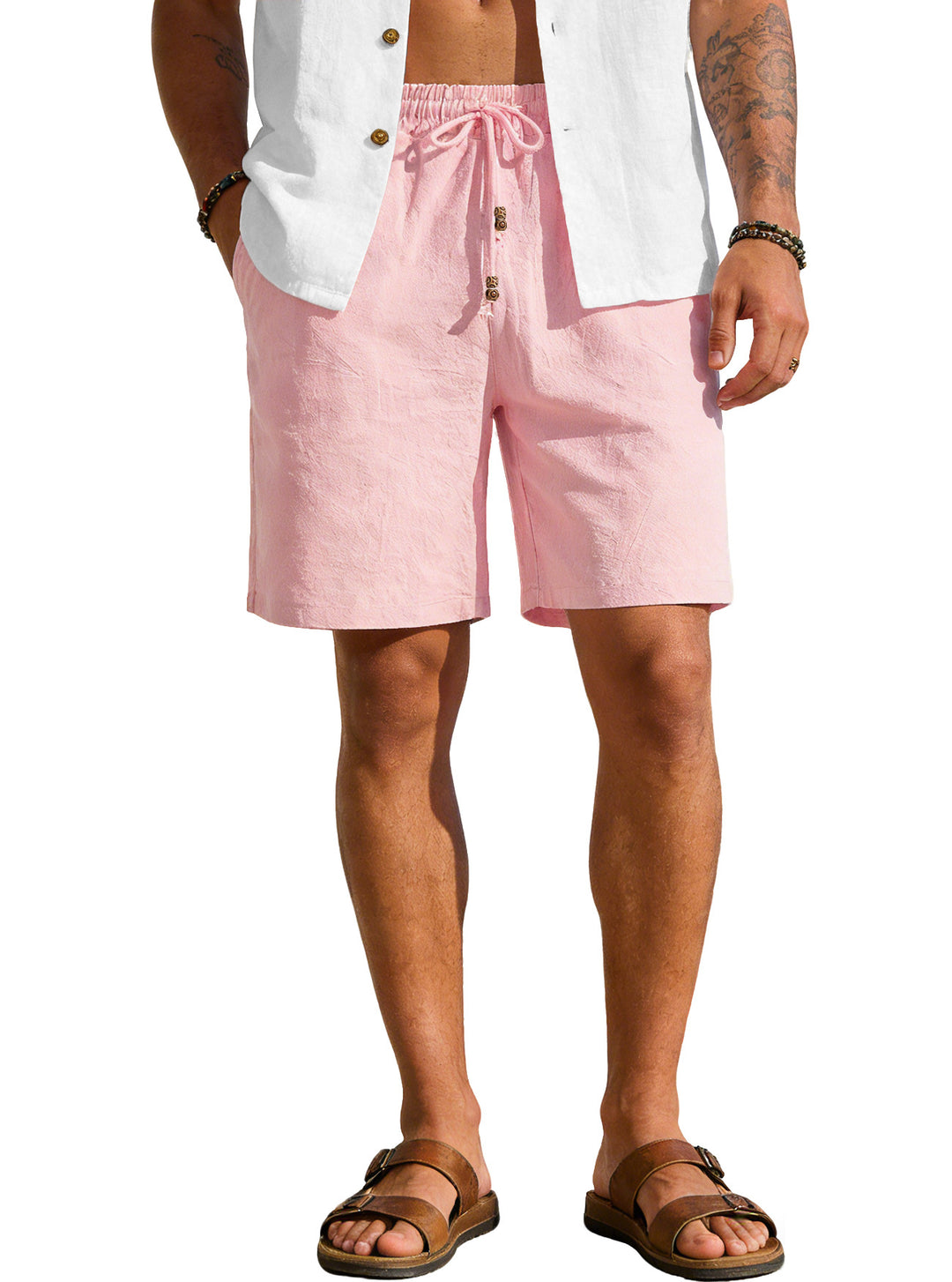 Men's lightweight beach Bermuda shorts made of linen blend with elastic waistband, drawstring and decorative button placket StylebySassy