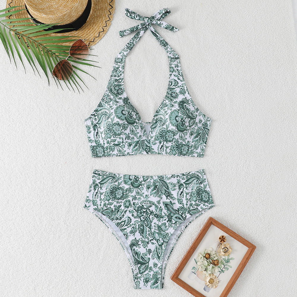 Women's High-Waisted Bikini Set with Floral Design and Playful Halter Top StylebySassy