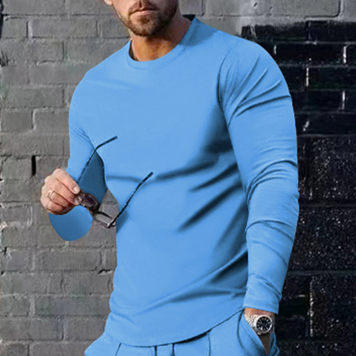 Men's narrow cut long sleeve shirt with round neckline elastic cotton stretch and extended hem StylebySassy