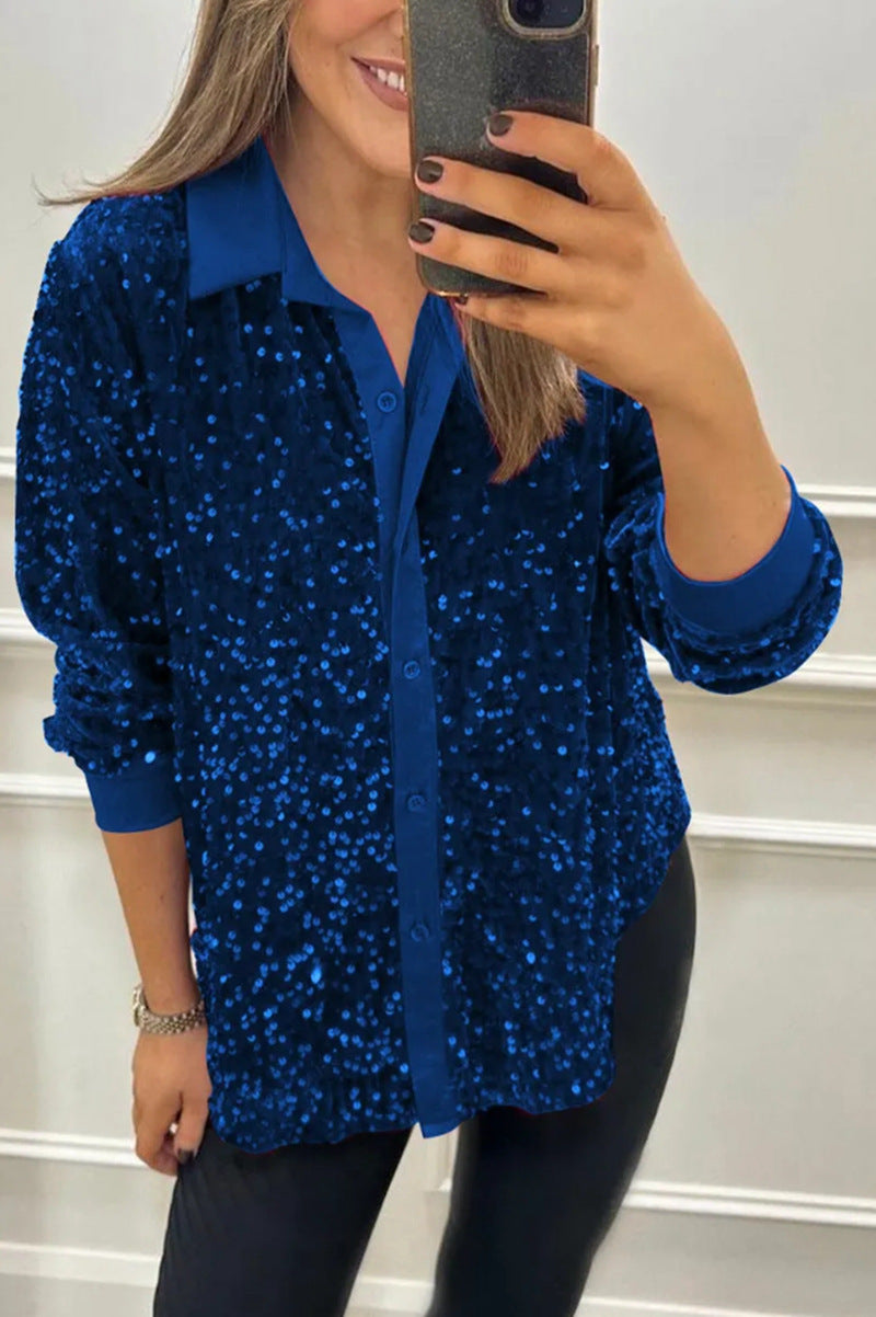 Women's shimmering sequin shirt blouse with collar, button placket, and elastic cuffs StylebySassy