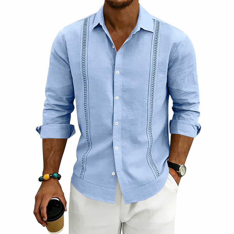 Men's casual linen blend shirt with vertical decorative stripes, Kent collar and relaxed fit StylebySassy