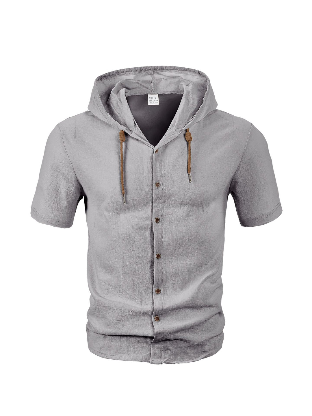 Men's short-sleeved hooded shirt with button placket, drawstring and linen look StylebySassy
