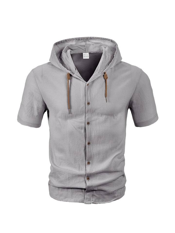 Men's short-sleeved hooded shirt with button placket, drawstring and linen look StylebySassy