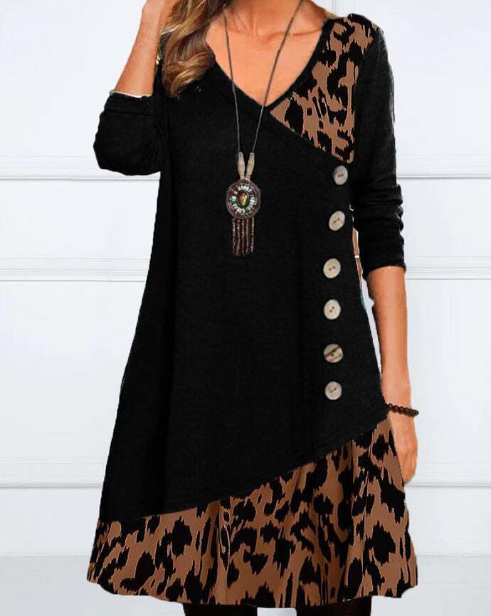 Women's asymmetrical V-neck tunic dress with decorative button placket and animal print trim StylebySassy