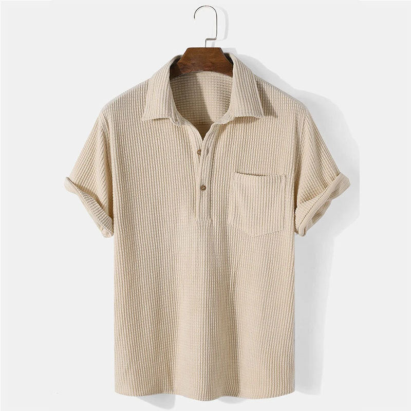 Men's waffle knit polo with shirt collar, short button placket and chest pocket StylebySassy