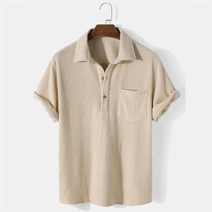 Men's waffle knit polo with shirt collar, short button placket and chest pocket StylebySassy