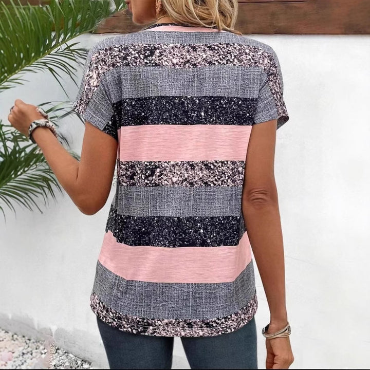Women's striped viscose blend relaxed shirt with V-neck, rolled sleeves, and decorative button placket StylebySassy
