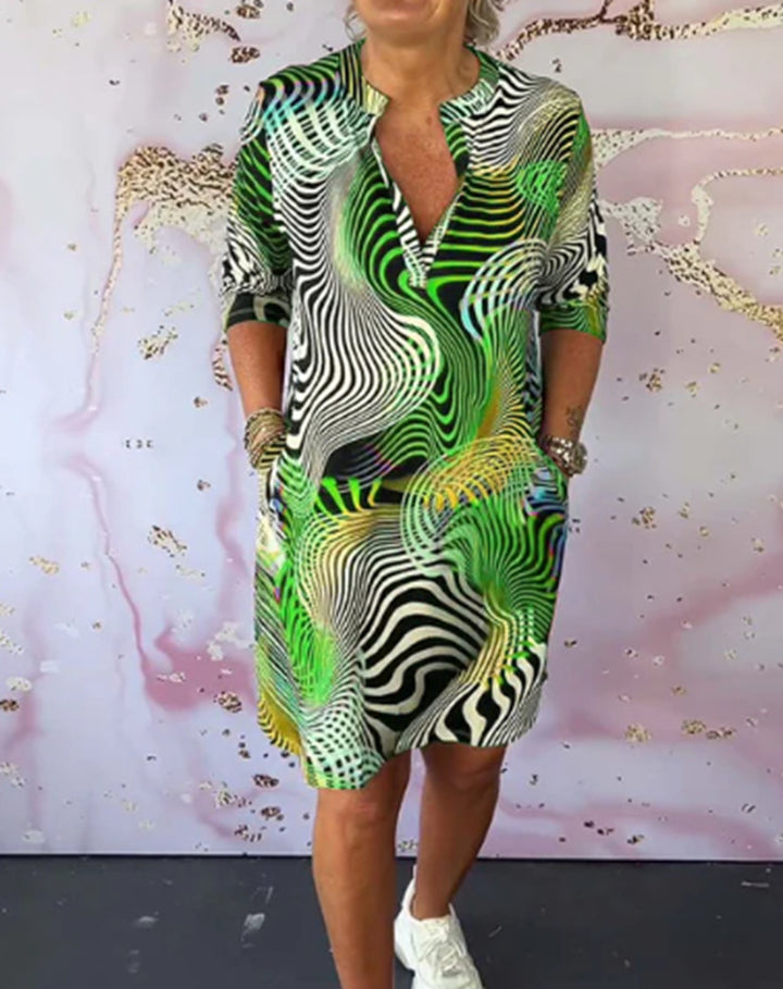 Women knee-length tunic dress with stand-up collar and V-neck StylebySassy