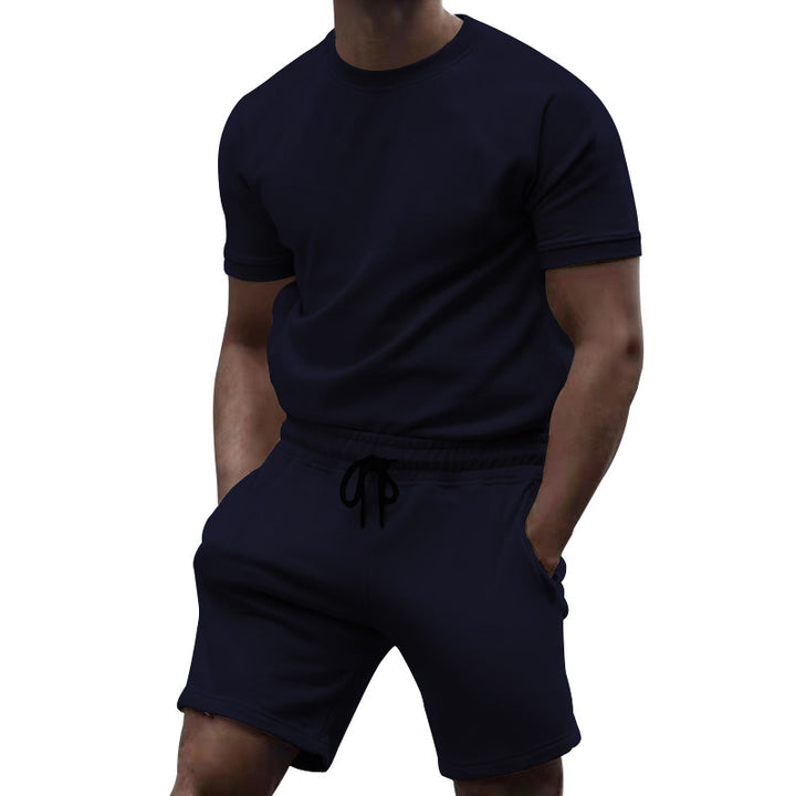 Men's short-sleeve sweat set made of soft sweatshirt fabric with a round neck shirt and drawstring shorts StylebySassy