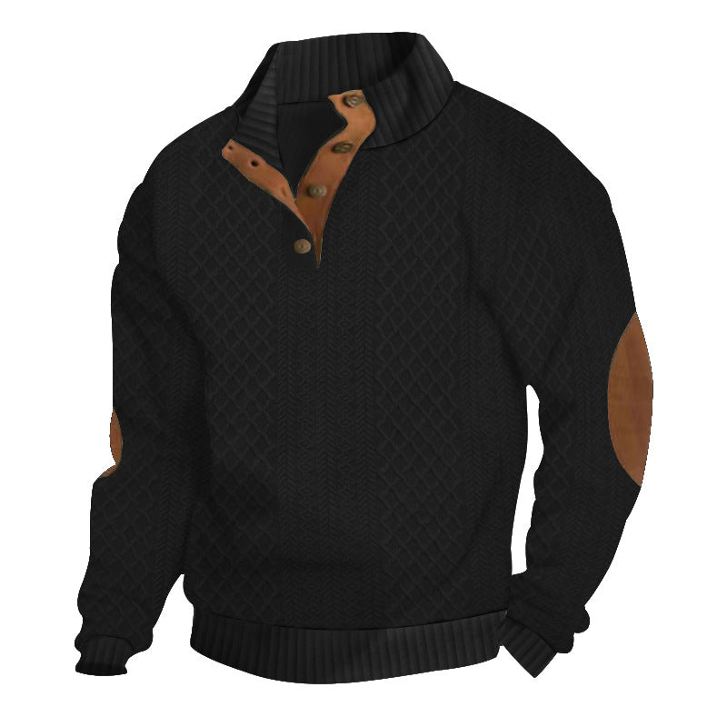 Men's chunky knitted sweater with elbow patches, stand collar and button placket StylebySassy