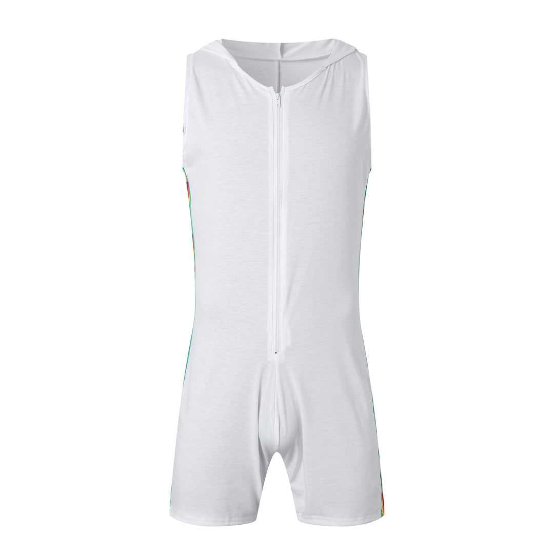Men's sleeveless hooded short jumpsuit with full zip and ergonomic crotch solution StylebySassy