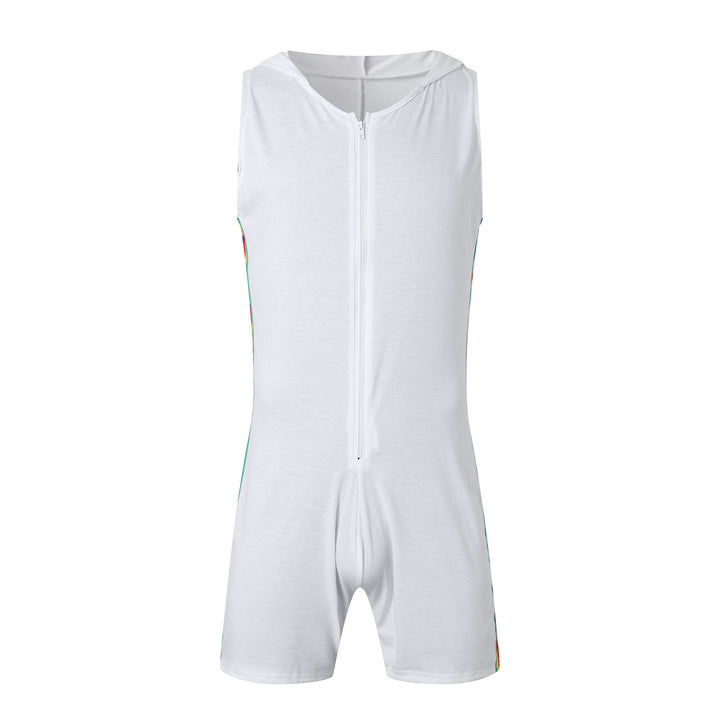 Men's sleeveless hooded short jumpsuit with full zip and ergonomic crotch solution StylebySassy