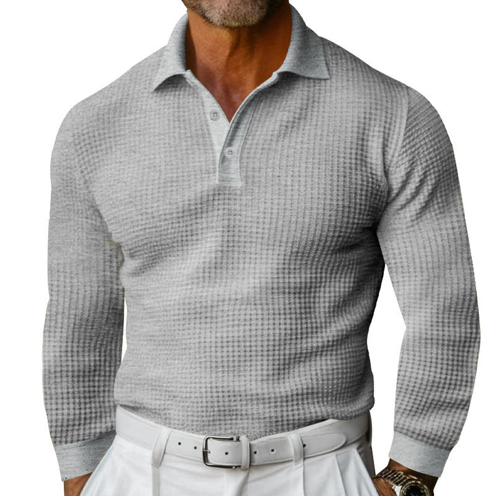 Men's long sleeve polo shirt made of waffle knit with a slim fit, concealed button placket, and shirt collar StylebySassy