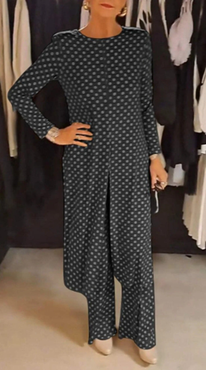 Women Nan Polka Dot Lounge Set with Long A-Line Tunic, Center Front Slit, and Wide Palazzo Pants StylebySassy
