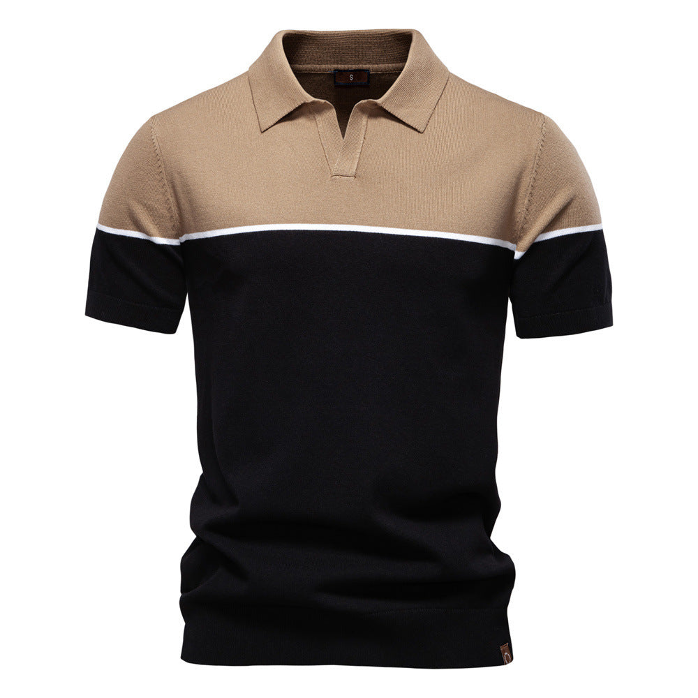 Men's modern short sleeve polo shirt made of fine knit with open lapel collar and horizontal contrast yoke StylebySassy