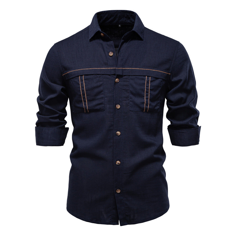 Men's Workshirt in Denim Look with Double Chest Pockets and Contrast Stitching StylebySassy