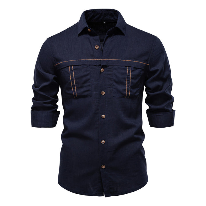 Men's Workshirt in Denim Look with Double Chest Pockets and Contrast Stitching StylebySassy