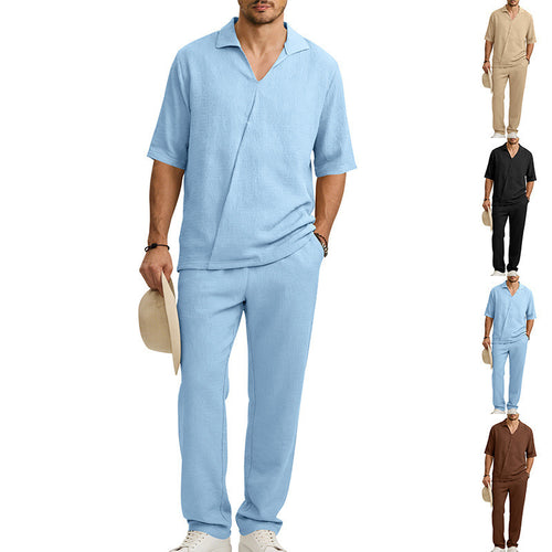 Men's crepe structure leisure set with open lapel collar and straight comfort trousers with side pockets StylebySassy