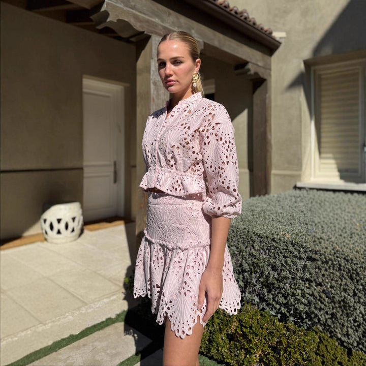 Ladies nan Broderie-Anglaise Two-piece with embroidered blouse and waist-accentuating flounce skirt StylebySassy