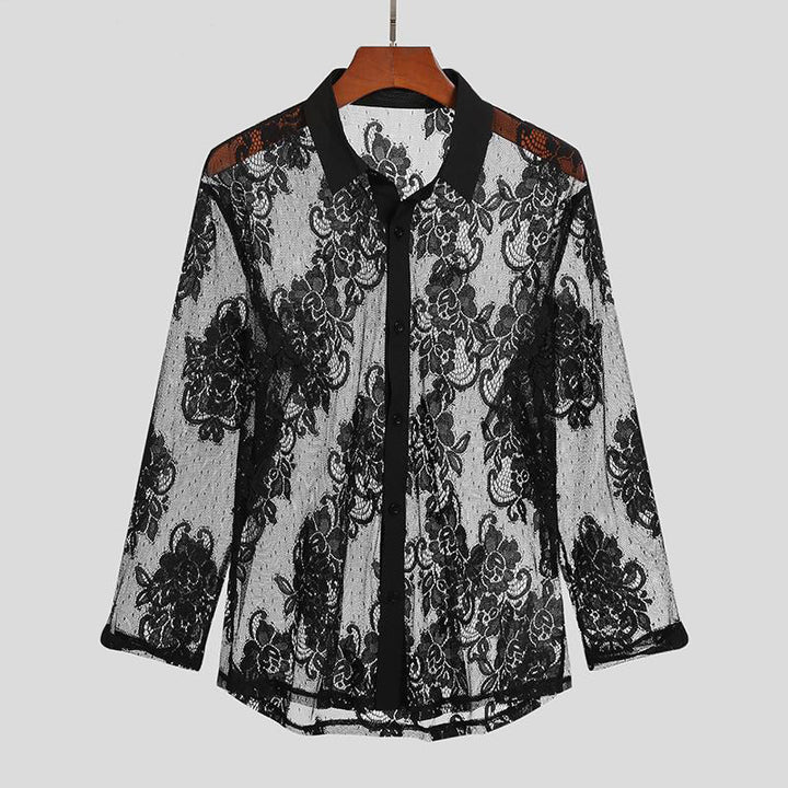 Ladies nan lightweight floral lace blouse with shirt collar and decorative button placket StylebySassy
