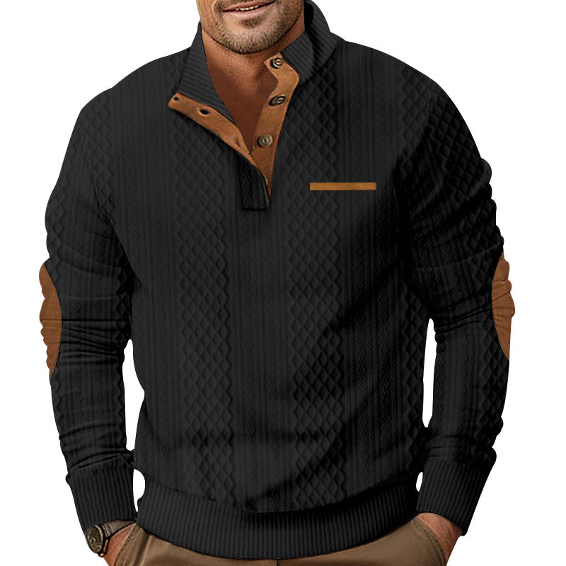 Men's knitted pullover with stand-up collar, button placket and elbow patches StylebySassy