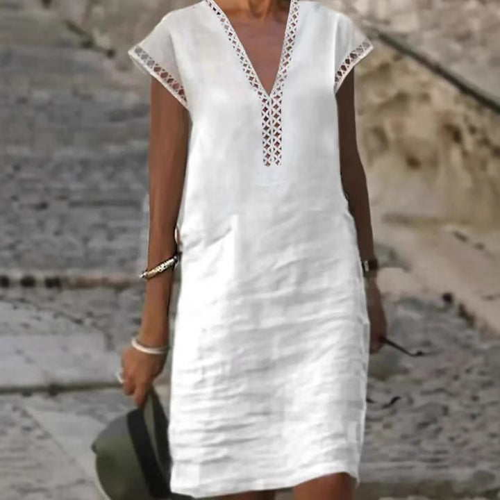 Women nan lightweight linen midi dress with V-neck and crocheted lace trim StylebySassy