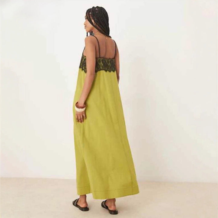 Women's nightgown inspired maxi dress with lace bustier and narrow spaghetti straps StylebySassy