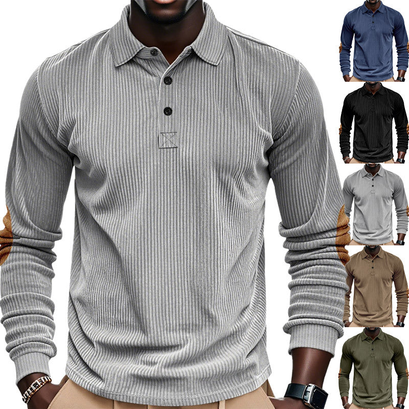 Men's ribbed long sleeve polo shirt with Henley placket and velour-like elbow patches StylebySassy