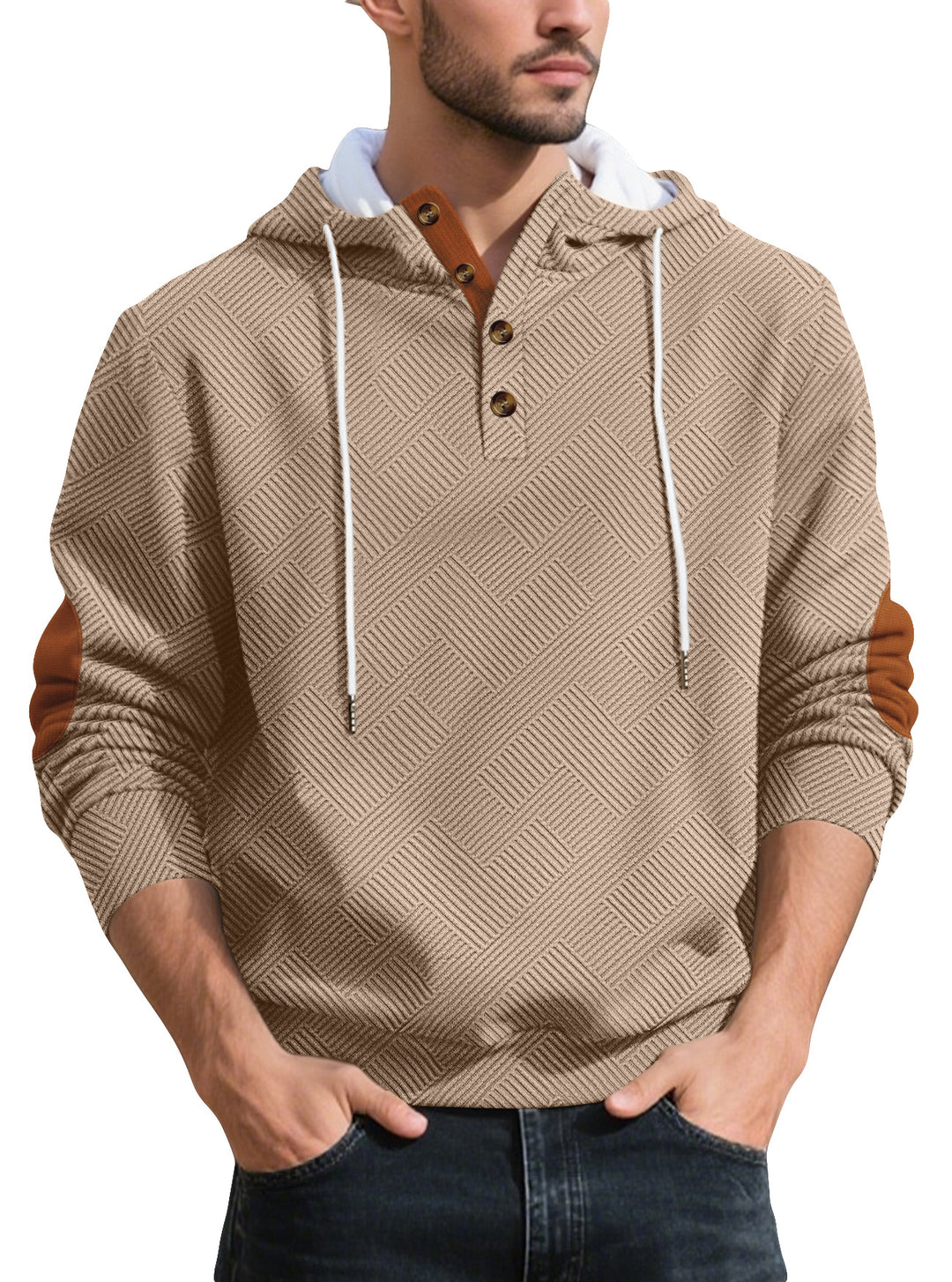 Men's structured hoodie henley pullover with jacquard texture, button placket, and elbow patches StylebySassy