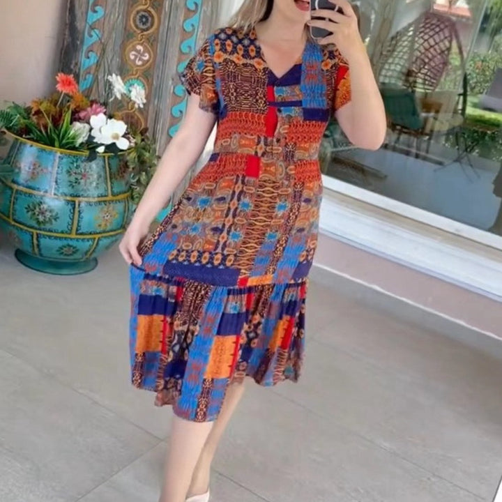 Women’s layered midi dress with V-neck, short sleeves, and patchwork look StylebySassy