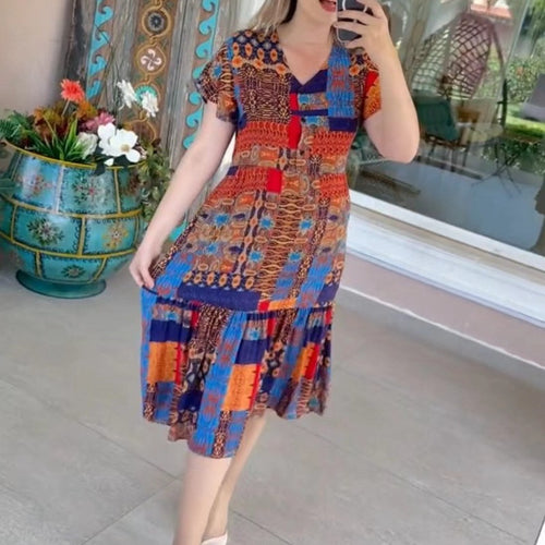 Women’s layered midi dress with V-neck, short sleeves, and patchwork look StylebySassy