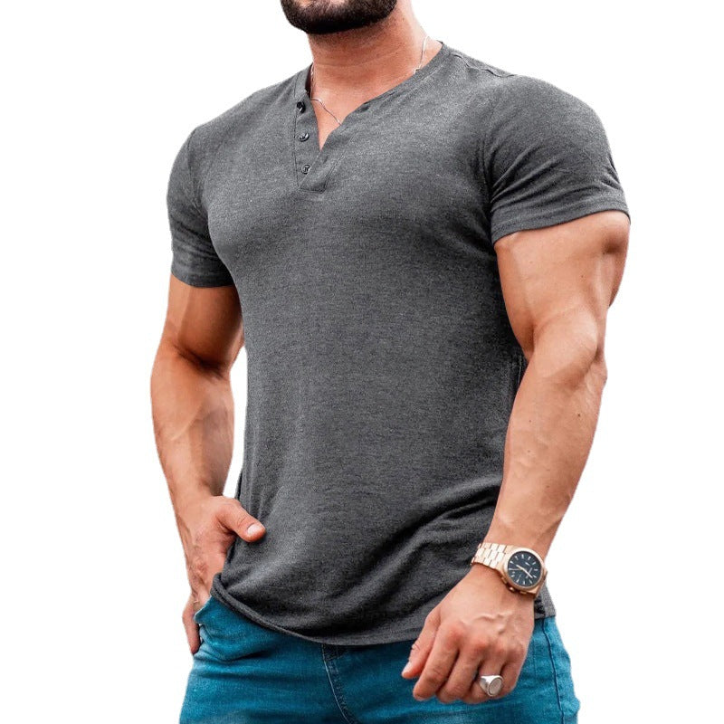 Men's muscle-fitting short-sleeve shirt with button placket and V-neck made of cotton stretch StylebySassy