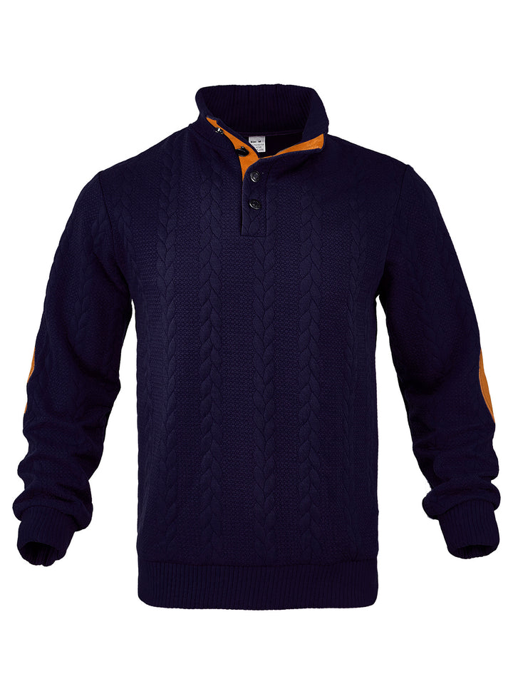 Men's Cable Knit Half Button Sweater with High Stand Collar and Suede Elbow Patches StylebySassy