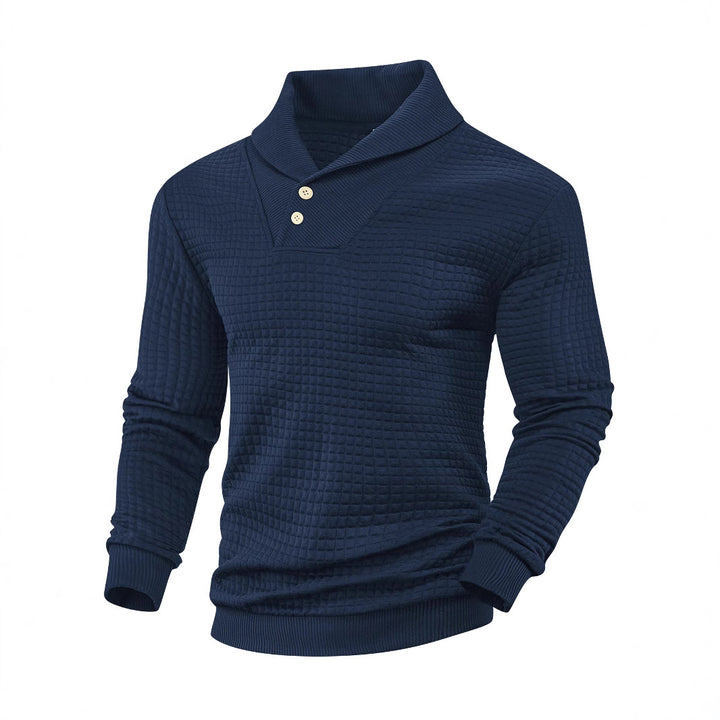 Men's elegant knitted pullover with shawl collar, button placket at neckline and check waffle texture StylebySassy