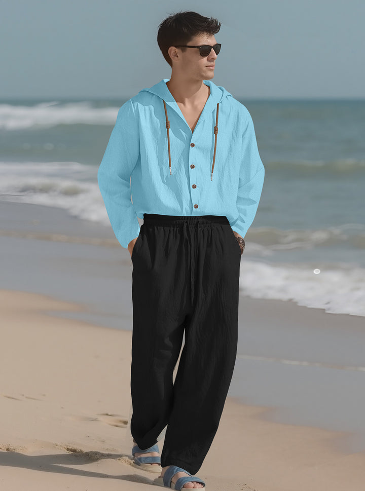 Men's casual hoodie shirt with continuous button placket, decorative drawstring, and relaxed fit StylebySassy
