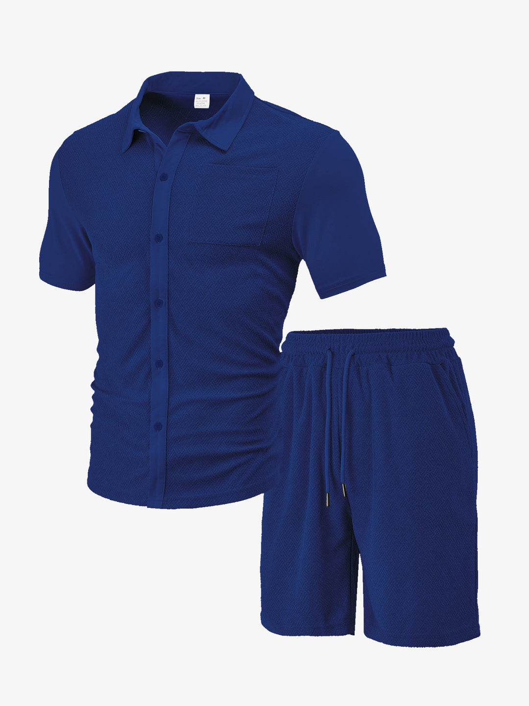 Men's buttoned leisure set with shirt collar herringbone structure chest pocket and drawstring shorts StylebySassy