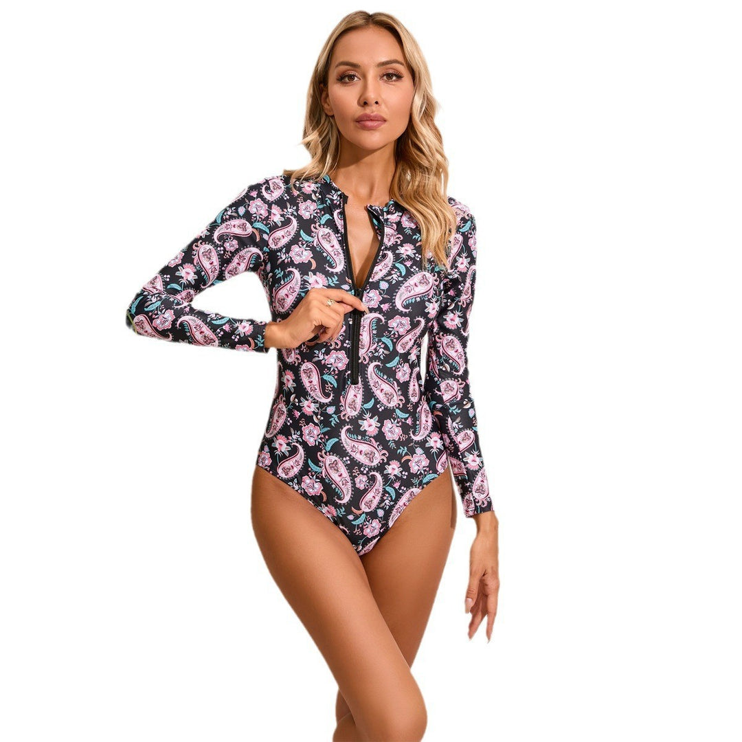 Women's High Neck One-Piece Swimsuit with Zip and Floral Pattern StylebySassy