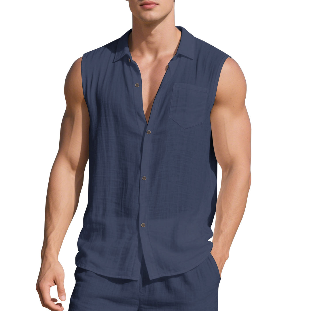 Men's sleeveless camp shirt with open button placket and drawstring waistband pants in linen look StylebySassy