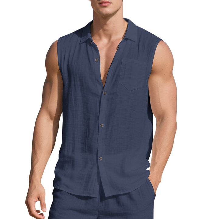 Men's sleeveless camp shirt with open button placket and drawstring waistband pants in linen look StylebySassy