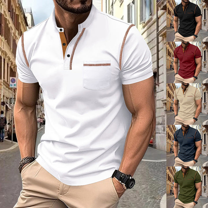 Men's short-sleeve polo in Henley style with stand-up collar, chest pocket and contrast stitching StylebySassy