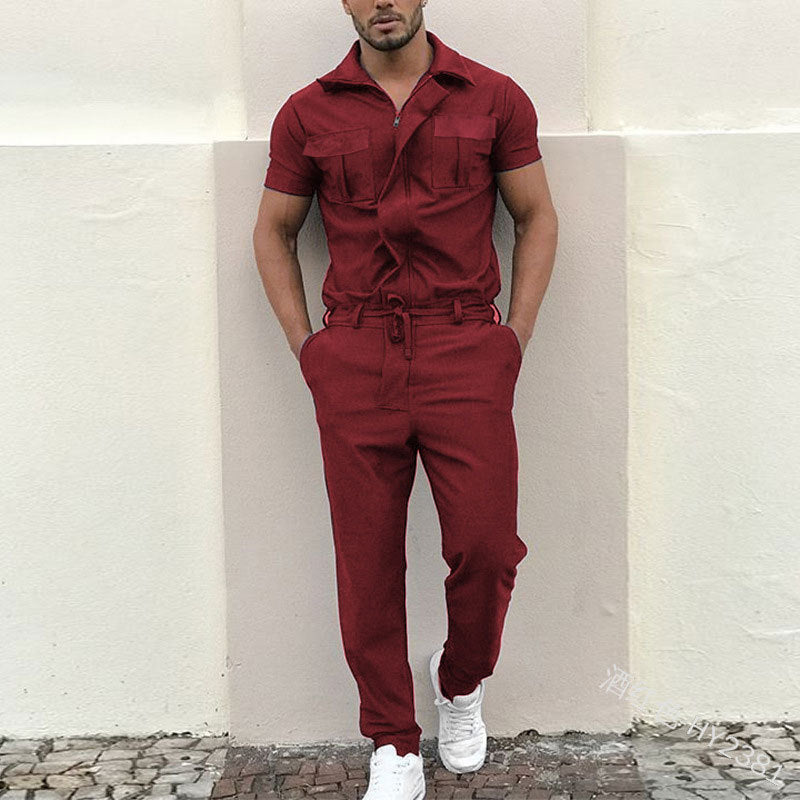 Men's short-sleeved overall work suit with concealed front closure and applied chest pockets StylebySassy
