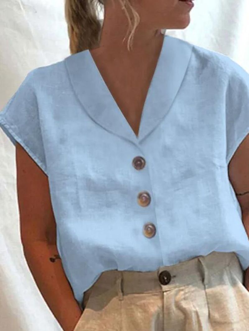 Women's airy linen blouse with wide V-neck, dropped shoulder and decorative button placket StylebySassy