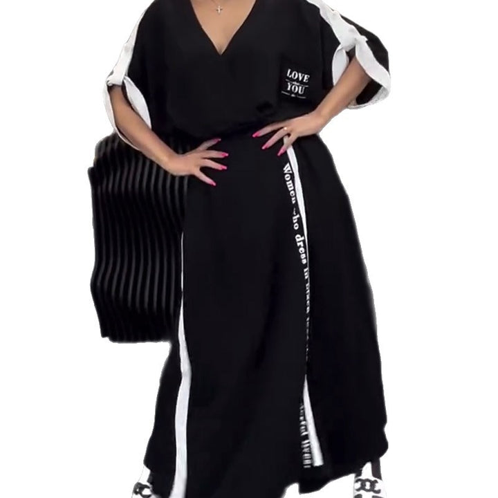 Women's sporty-elegant maxi dress with V-neck, waist belt, contrast side band, and chest pocket StylebySassy