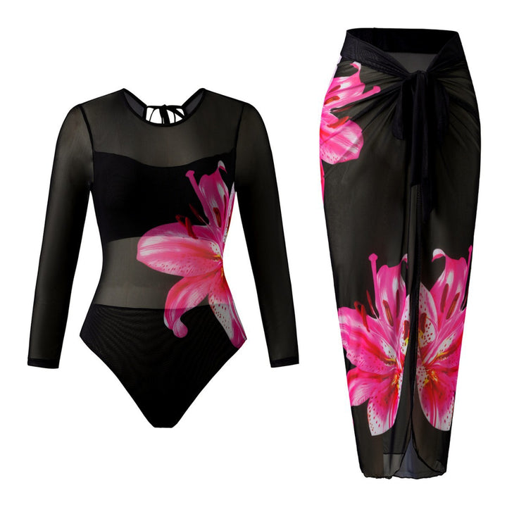 Women Elegant Swimsuit with Long Sleeve and Transparent Wrap Skirt StylebySassy