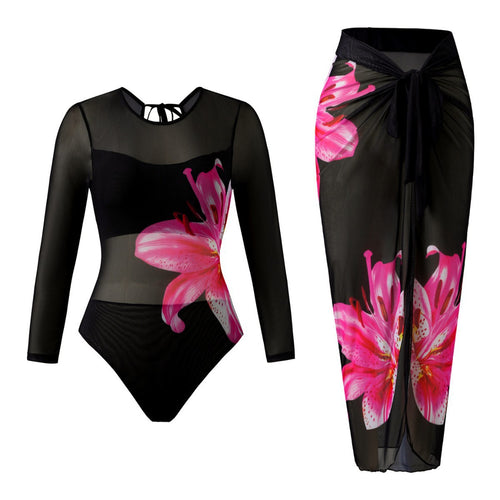 Women Elegant Swimsuit with Long Sleeve and Transparent Wrap Skirt StylebySassy