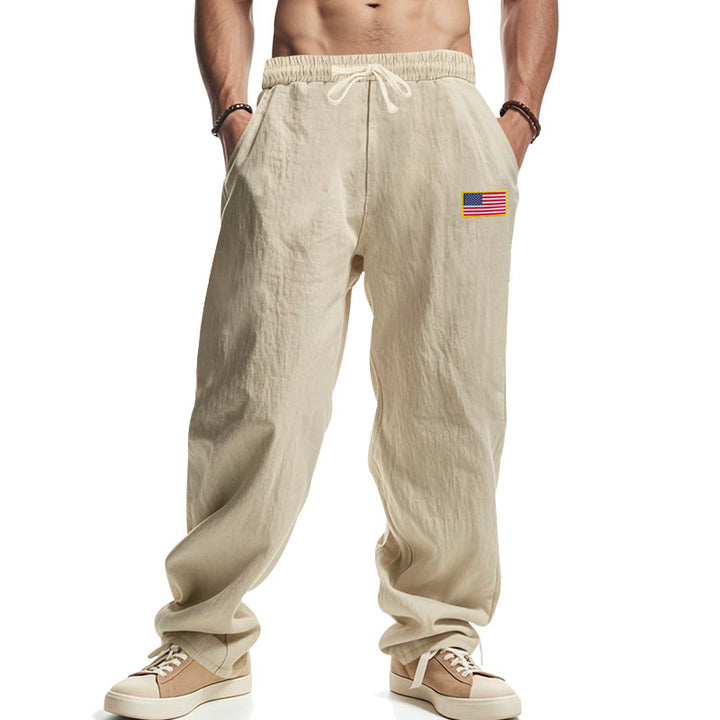 Men's casual cotton-linen lounge pants with elastic waistband, drawstring, and discreet flag application StylebySassy