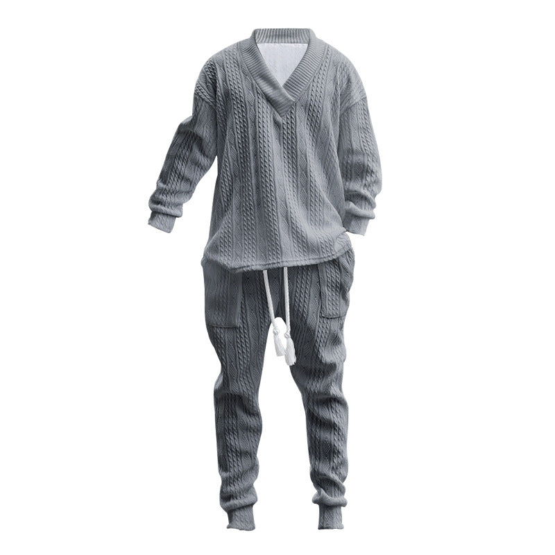 Men's comfortable cable knit set with deep V-neck, drawstring joggers and cuff StylebySassy