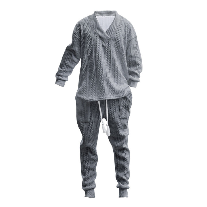 Men's comfortable cable knit set with deep V-neck, drawstring joggers and cuff StylebySassy